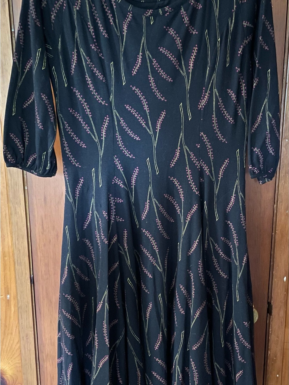 Effie's Heart Black Midi Dress with Pink and Green Floral Twig Print